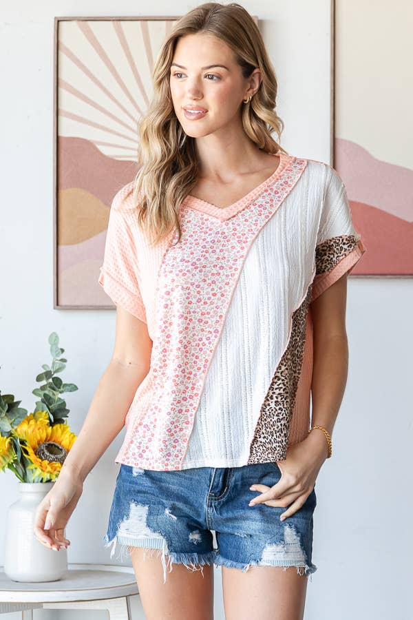 7th Ray - Wholesale Tunic - Women's - Multi Fabric Patchwork V neck Short Sleeve Top T594116