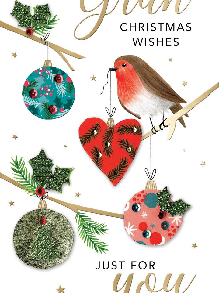 Gran-Robin on Baubles-Christmas Card -Champagne-SecondNature for wholesale by Second Nature Ltd