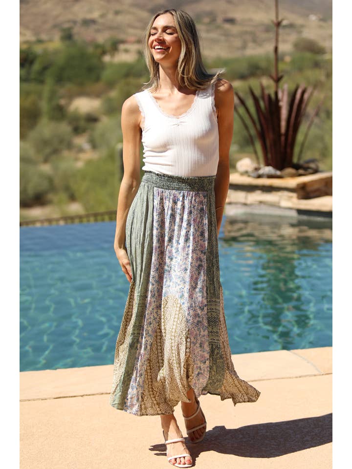 ANGIE - Wholesale Skirt – Women’s - B6A91-FR43 MIXED PRINT SMOCKED WAIST MAXI SKIRT2