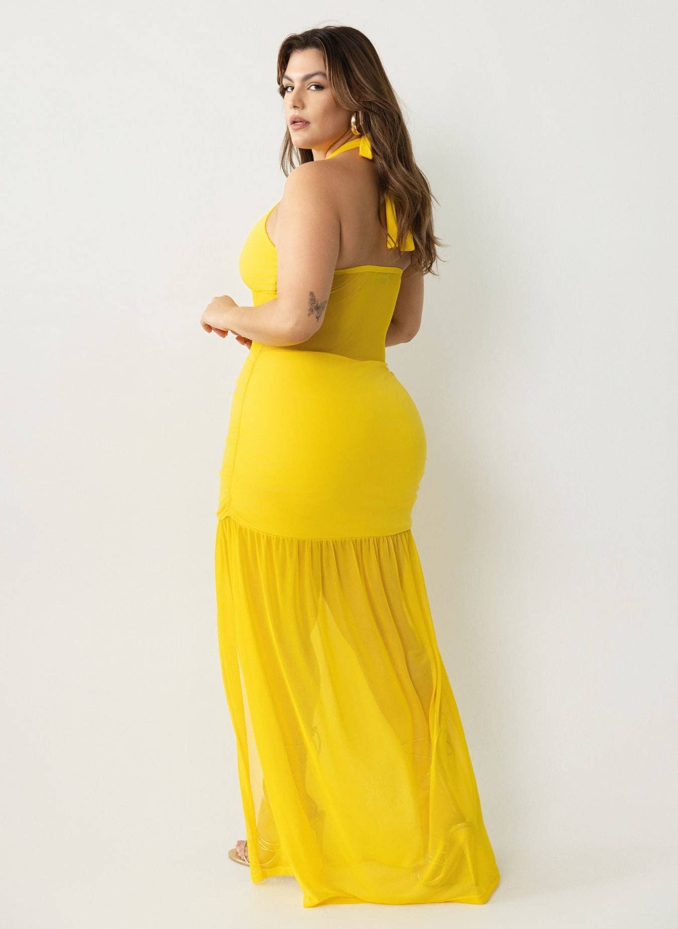 Yellow Malia Halter Mesh Ruched Maxi Dress for wholesale on Faire5