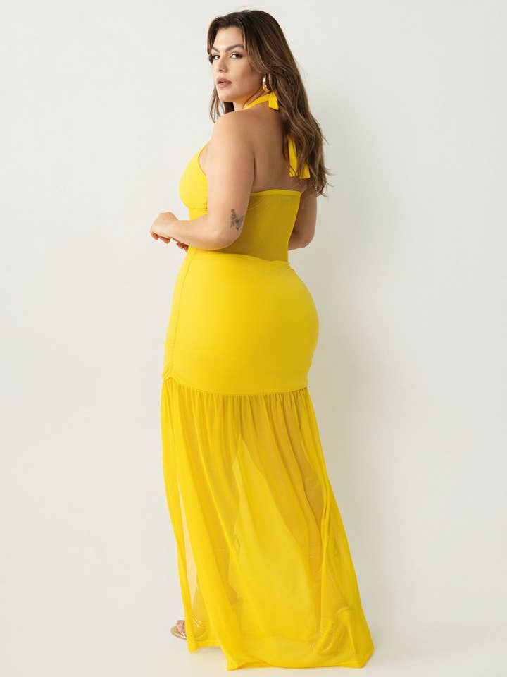 Yellow Malia Halter Mesh Ruched Maxi Dress for wholesale on Faire5