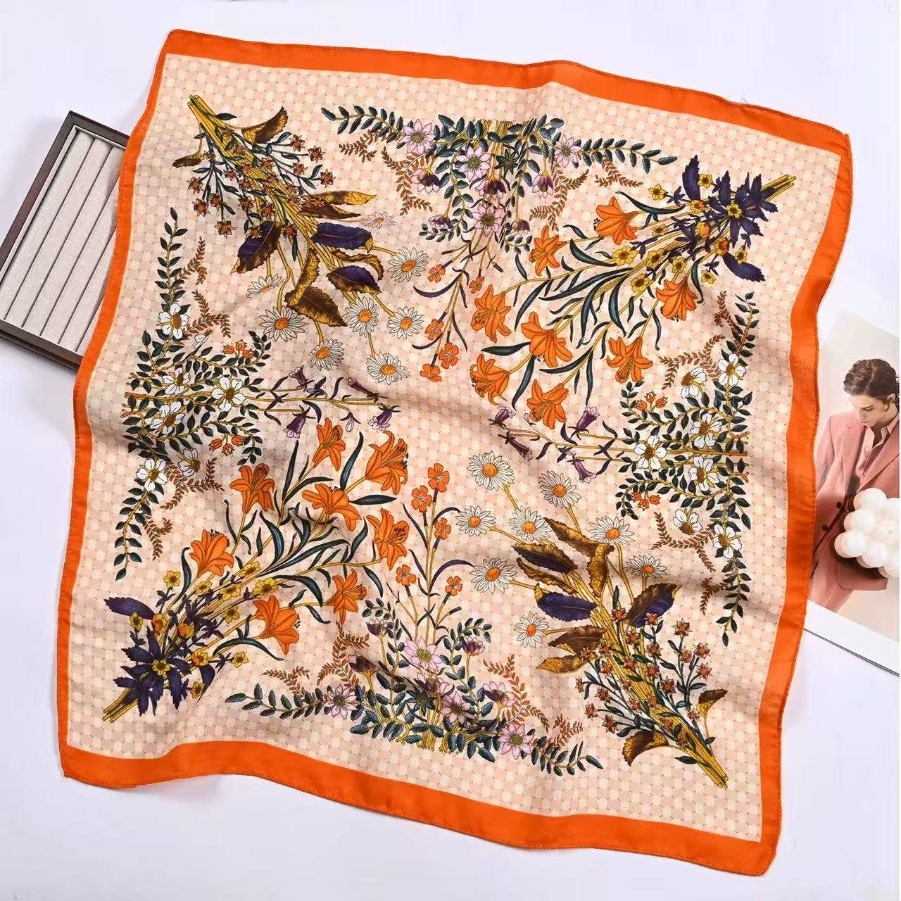 COSMOS - Wholesale Scarf - Women's - Women's square scarf 70x70 orange wildflowers1