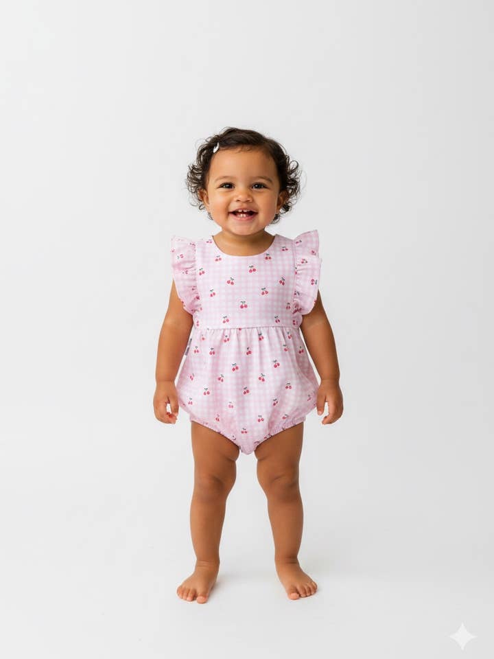 Cherries Pima Baby Bloomer with Straps for wholesale by Little Blue Swallow