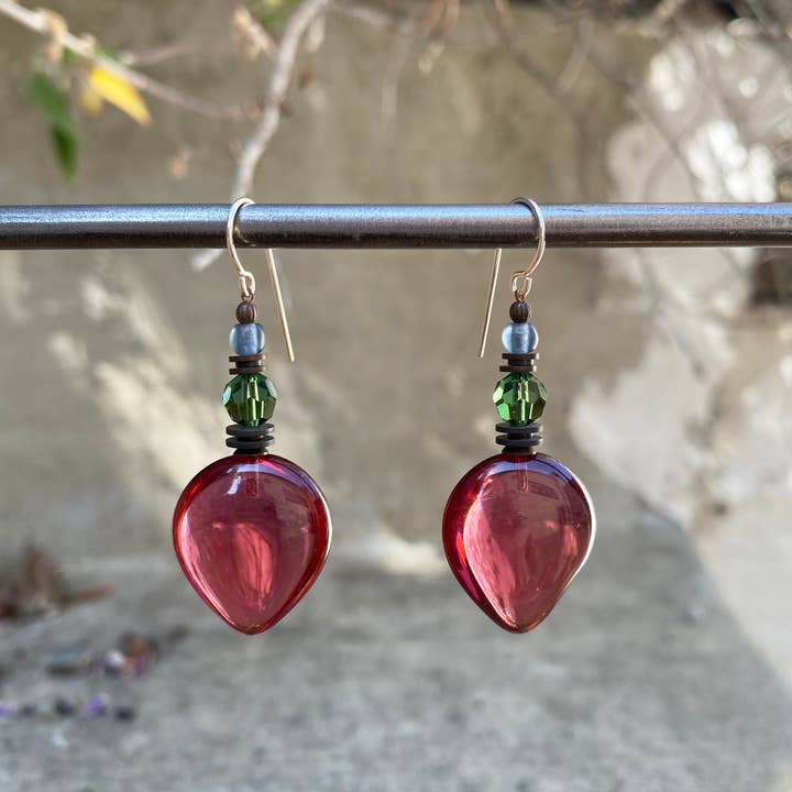 ALMONDS 9 - PINK GLASS EARRINGS, GREEN CRYSTAL, BLUE CZECH for wholesale by Owen Glass Collection