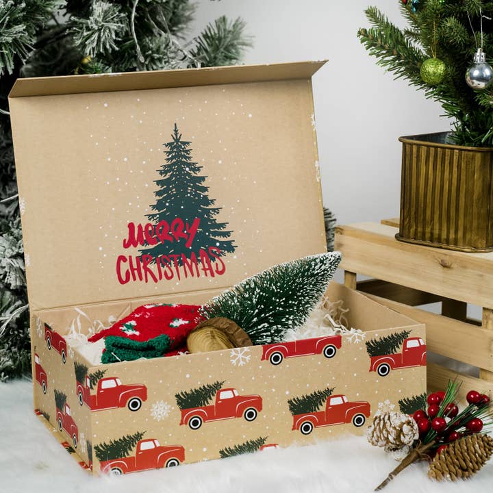 LA Ribbons Wholesale - Wholesale Gift Box - 14" x 9" x 4.3" Collapsable Holiday Gift Box w/ 2-pcs White Tissue Paper & Magnetic Square Flap Lid | Red Truck And Christmas Tree1