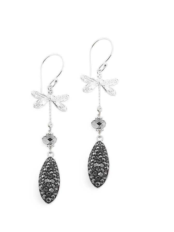 Pendientes de libélula chapados en rodio con gotas de diamantes negros para venta al por mayor de DIGE DESIGNS