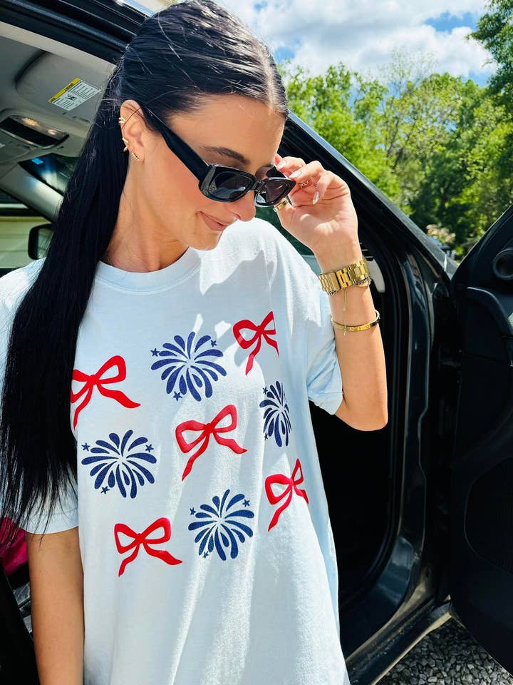 Firework Bow Trio Stack Puff Glitter Tee for wholesale by Dash Forward Wholesale