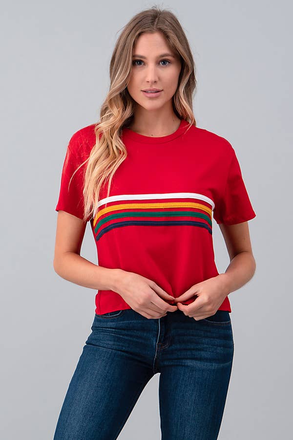 RED JT34164 - MULITI COLOR LINE ON CROP TOP for wholesale on Faire0