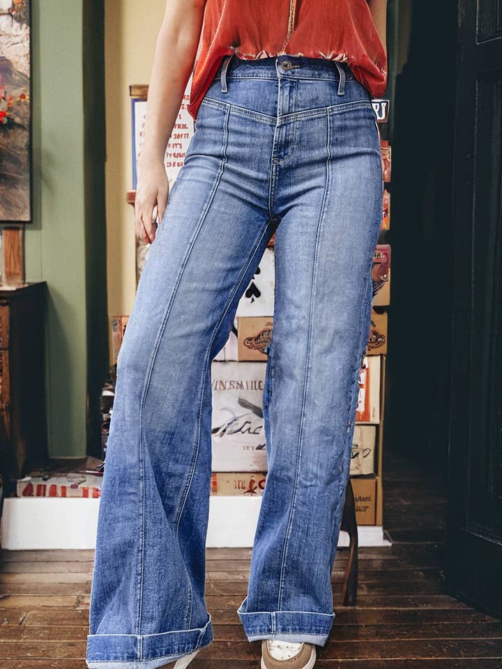 Tailored Center Seam Detail Straight Loose High Rise Jeans for wholesale by FULL TIME PURCHASE