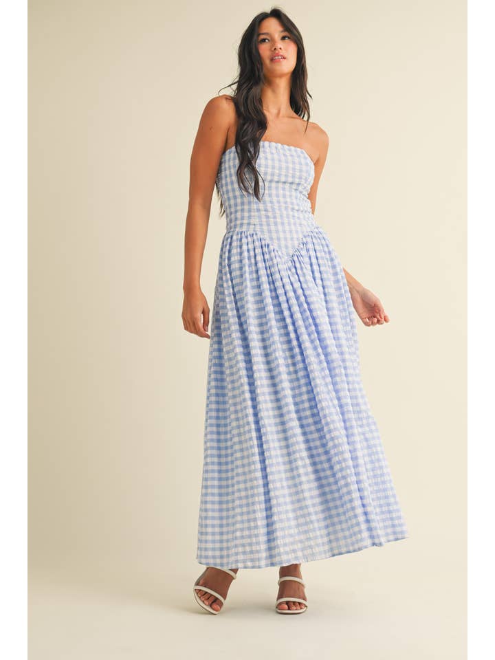 Klesis - Wholesale Dress - Women's - ID9088 GINGHAM DROPWAIST STRAPLESS MAXI DRESS