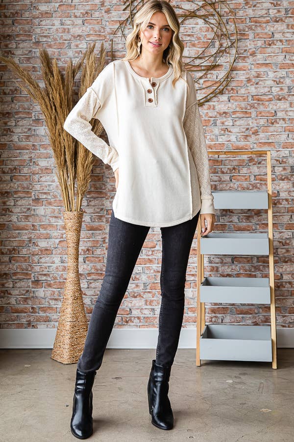 7th Ray - Vente Haut en maille – femme - Haut à manches longues en mélange de coton avec contraste en dentelle et boutons devant T525333