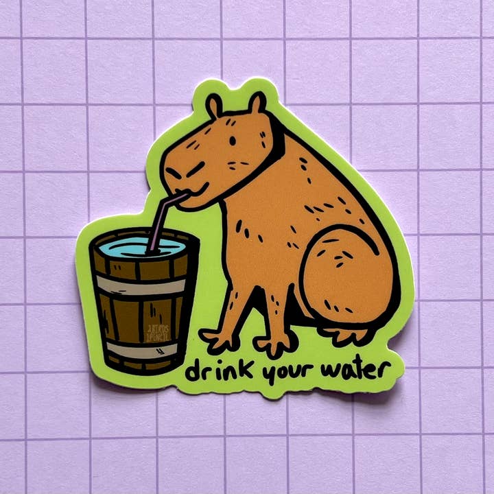 Drink Your Water Capybara Vinyl Sticker for wholesale by 2Birds1Pencil Illustrations