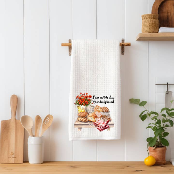“Give Us This Day Our Daily Bread” Waffle Kitchen Towel for wholesale by Uniquely Designed By Rebecca