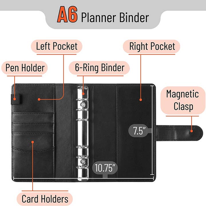 Mr. Pen - Wholesale Planner - Planner Binders,A6, Black, Leather Notebook Cover, Composition Notebook Cover Refillable, Wallet Binder, Planner Binder 6 Ring, Leather Ring Binder, Refillable Notebook Binder1