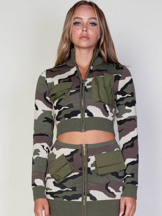 Camo Knit Zip-Up Jacket and Mini Skirt Set for wholesale by Rehab Lab