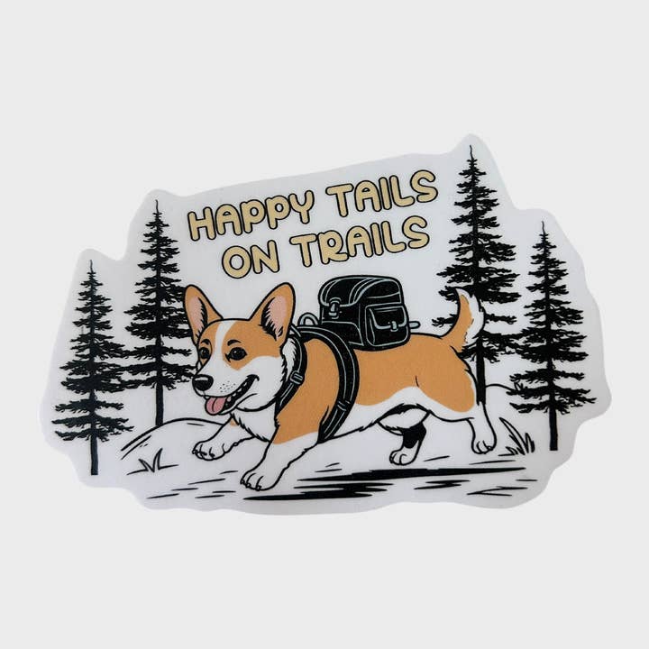Happy Tails on Trails Corgi Sticker for wholesale by Plantiful Design Co