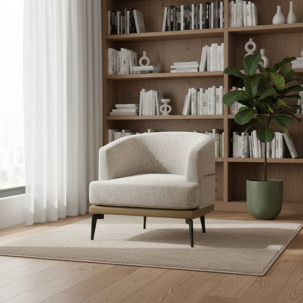 HomeRoots – Cadeira por atacado – Cadeira de Barril em Linho Bege Camelo e Preto de 29" com Madeira Maciça e Compensada Estofada1