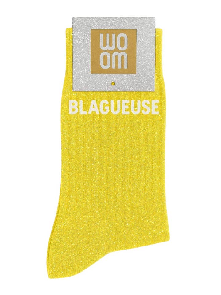 ChoO - Wholesale Sokken - Dames - Glitter Sokken met de Tekst "Grapjas" Geel