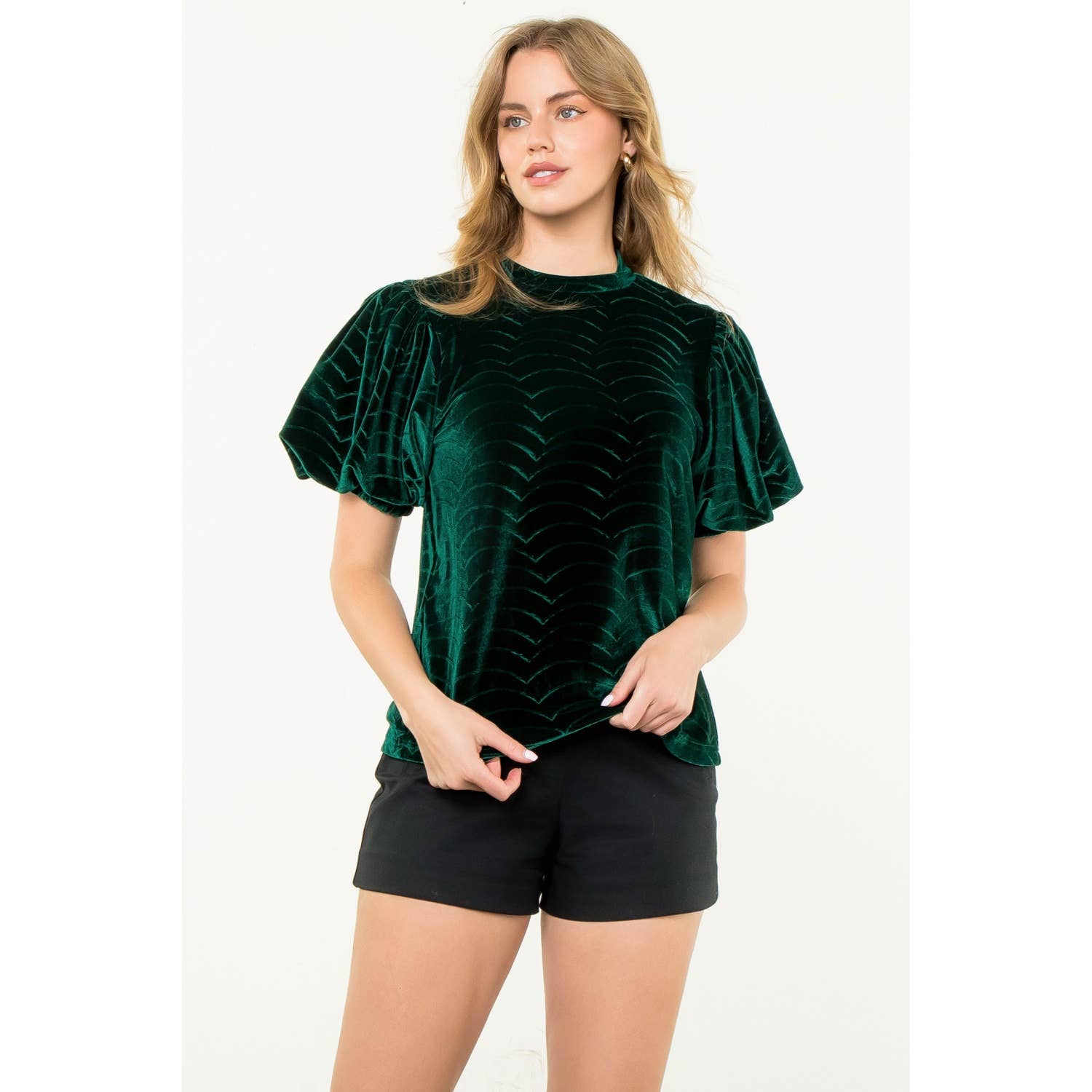 GREEN Puff Sleeve Velvet Top for wholesale on Faire6