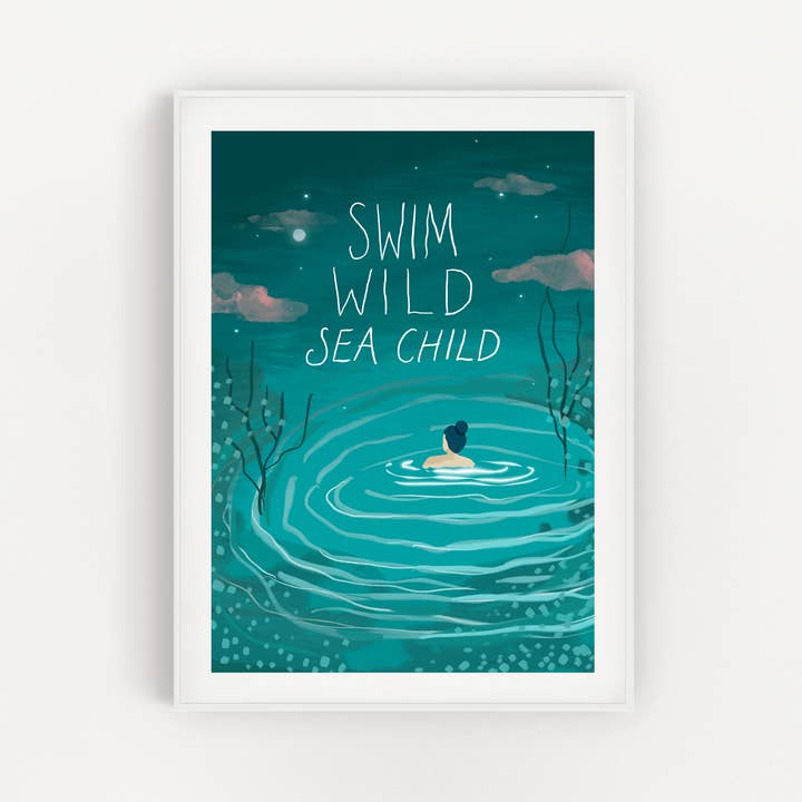 Salty Siren Studios – wholesale Art print – Swim Wild Sea Child Cornish Illustrated A4 Art Print 1
