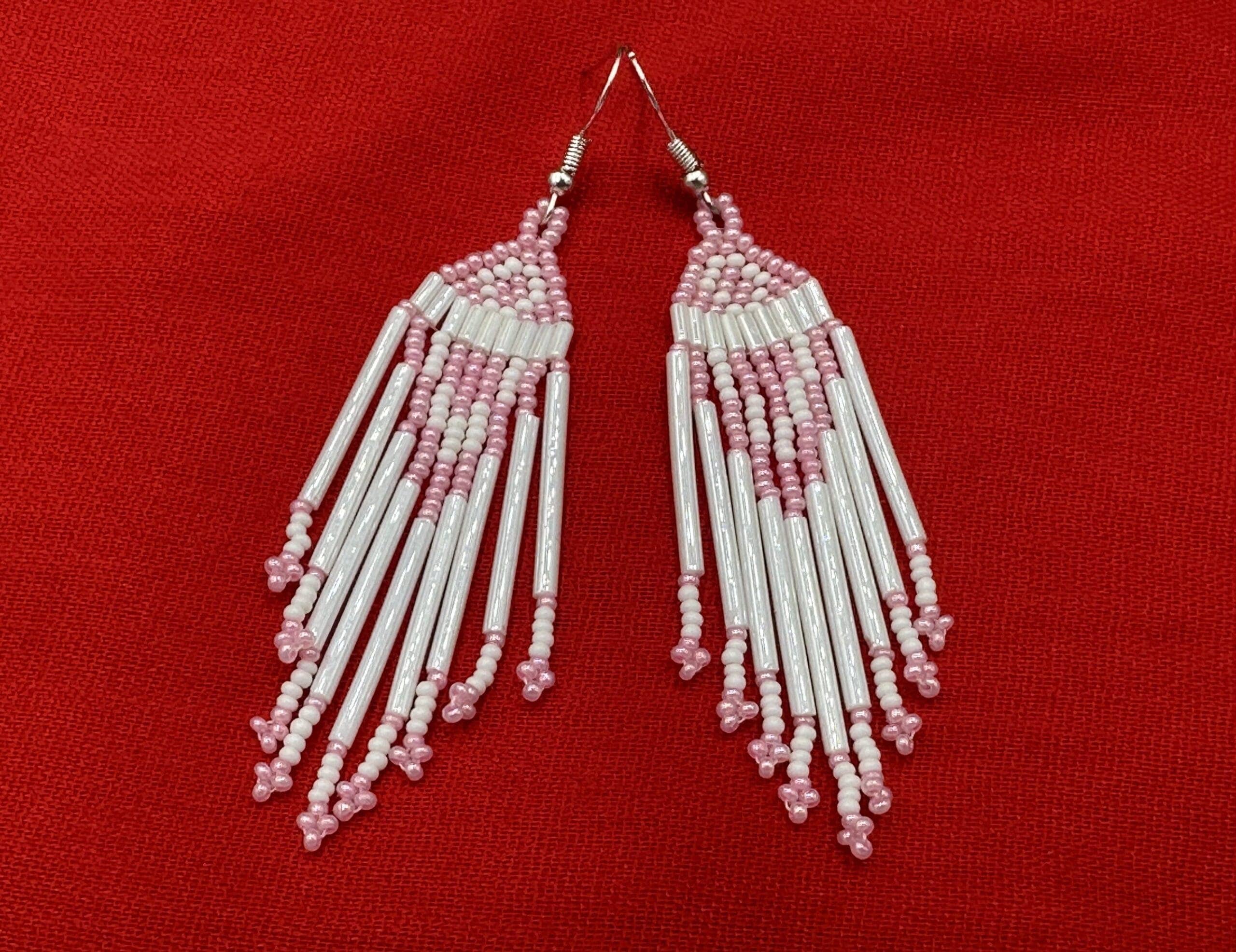 BEADS CORNER – wholesale Dangle earrings – Handmade White Pink Beaded Hook Earrings with Czech Seed Beads, Lightweight Design2