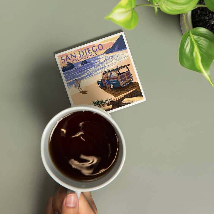 Lantern Press - Wholesale Coasters - CERAMIC COASTER San Diego, California, Woody on Beach 21