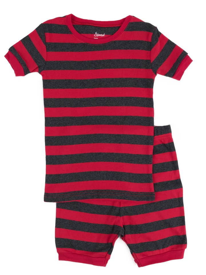 Pijama corto de algodón de dos piezas para niños Rayas rojas y grises para venta al por mayor de Leveret Pajamas