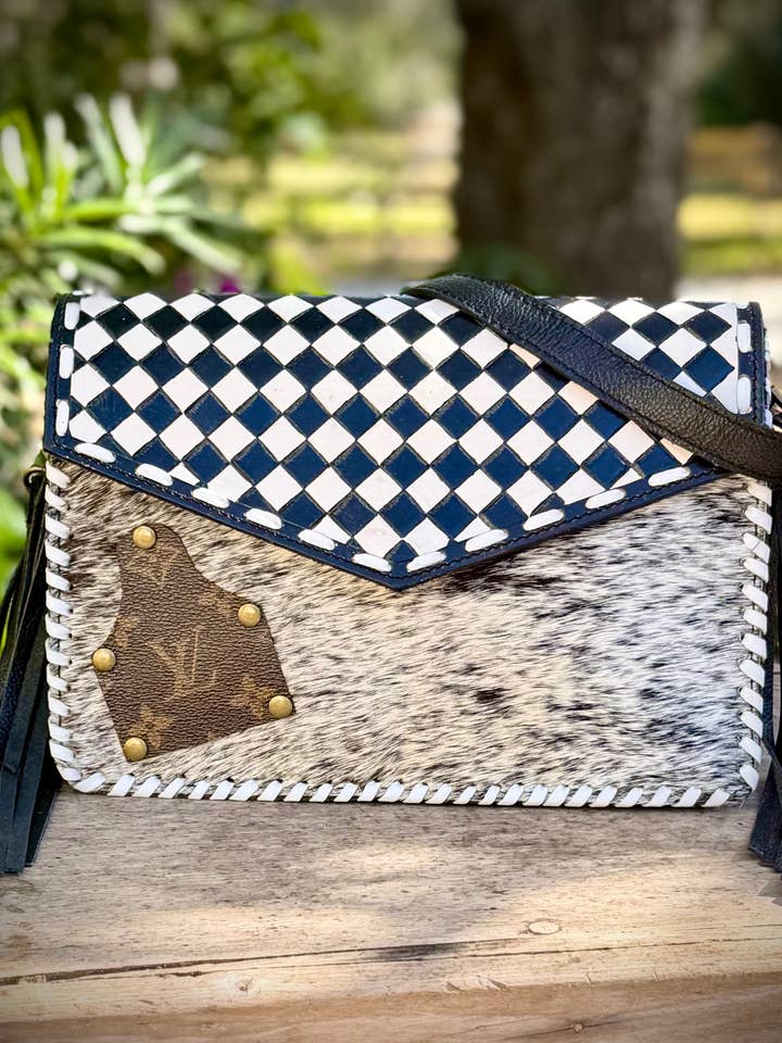 Upcycled LV Black White Checkered Crossbody Bag Western NFR for wholesale by Southern Junkie Gypsy Boutique