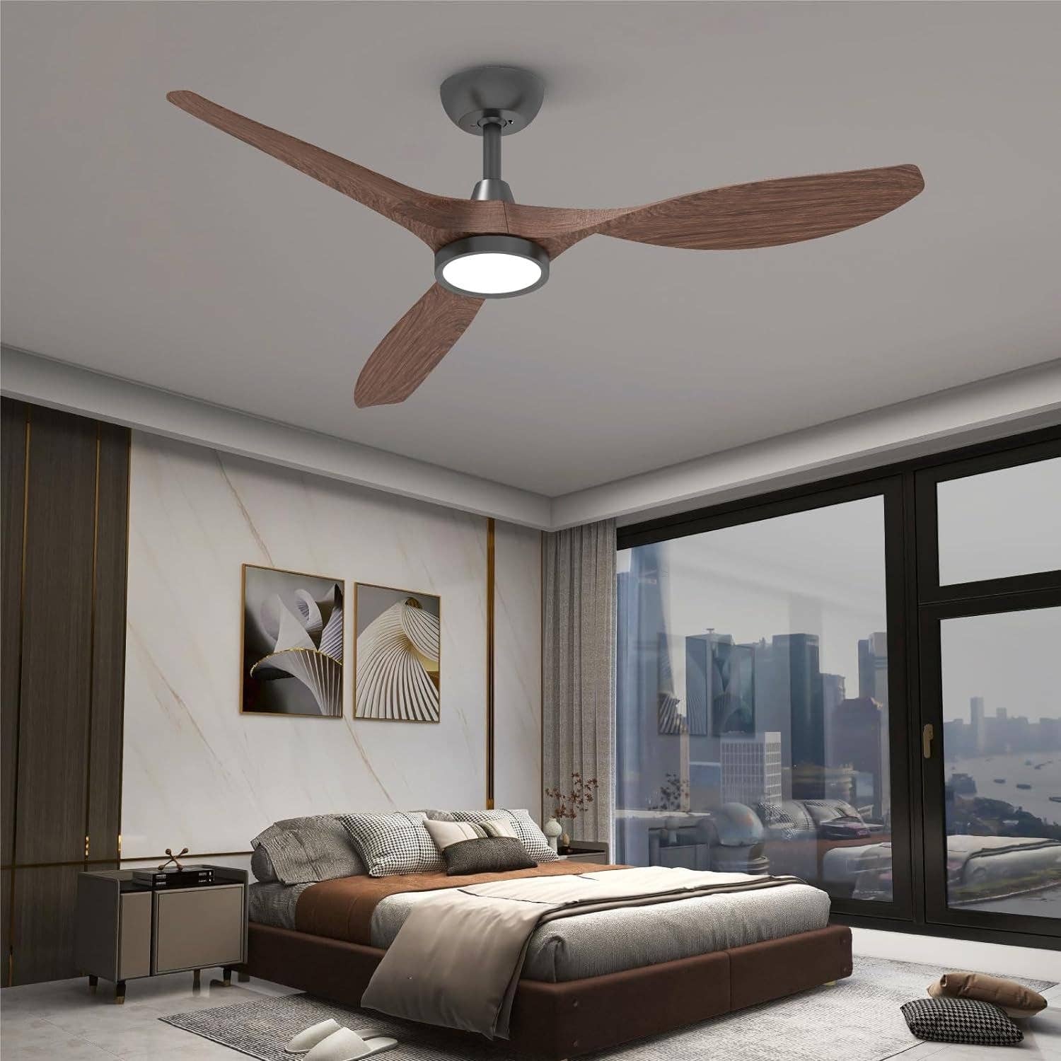 Dark Woodgrain 52 Inch Black Ceiling Fan With Lights And Remote Control for wholesale on Faire0