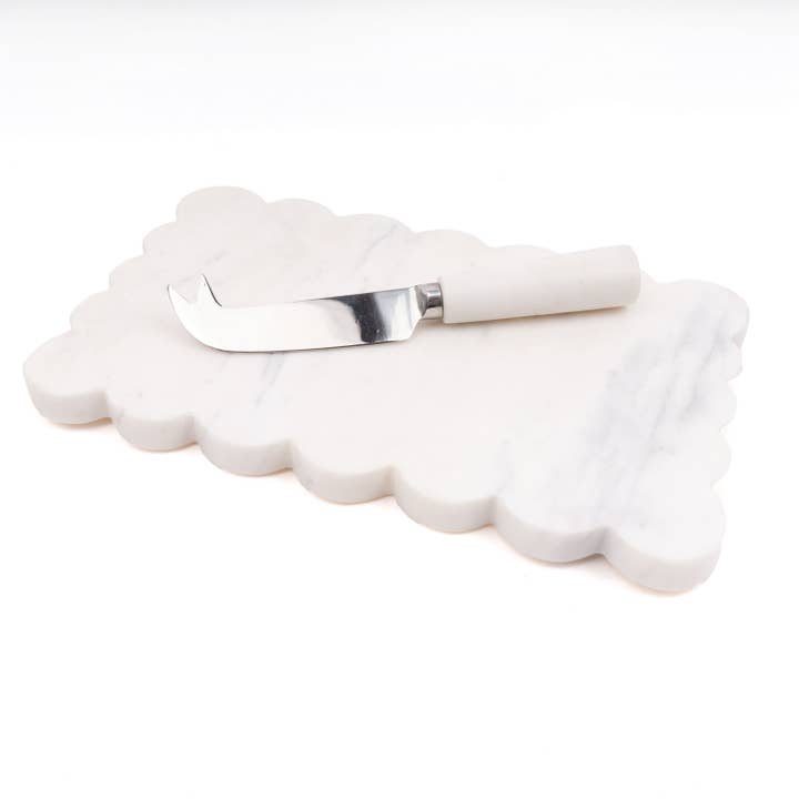 8 Oak Lane - Wholesale Cheese board - White Marble Scalloped Cheese Board & Knife Set1