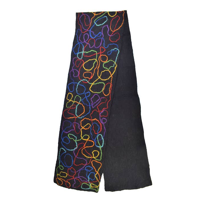 Black Hand Felted Wool Scarf Colourful Rainbow Scribble Pattern for wholesale on Faire4