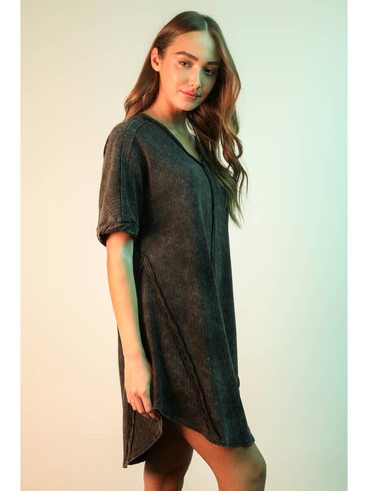 VERY J - Wholesale Dress - Women's - ND31636-Mineral Washed Ribbed Knit Shift Mini Dress