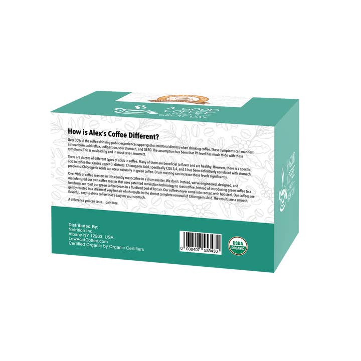 Alex's Low-Acid Organic Coffee - Vendita all'ingrosso Caffè macinato - Tazze K-Cups da caffè biologico a bassa acidità di Alex - Decaffeinato1