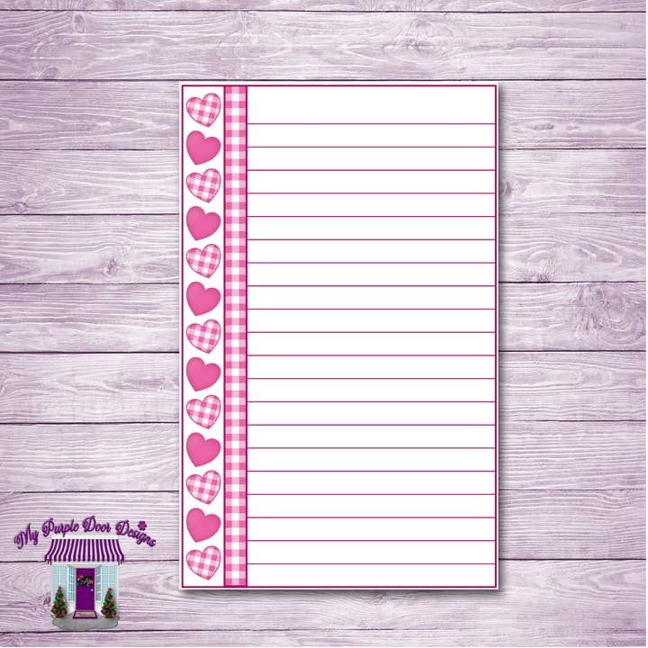 Gingham Pink Hearts Lined 4"x6" or 5"x8" Notepad for wholesale by My Purple Door Designs