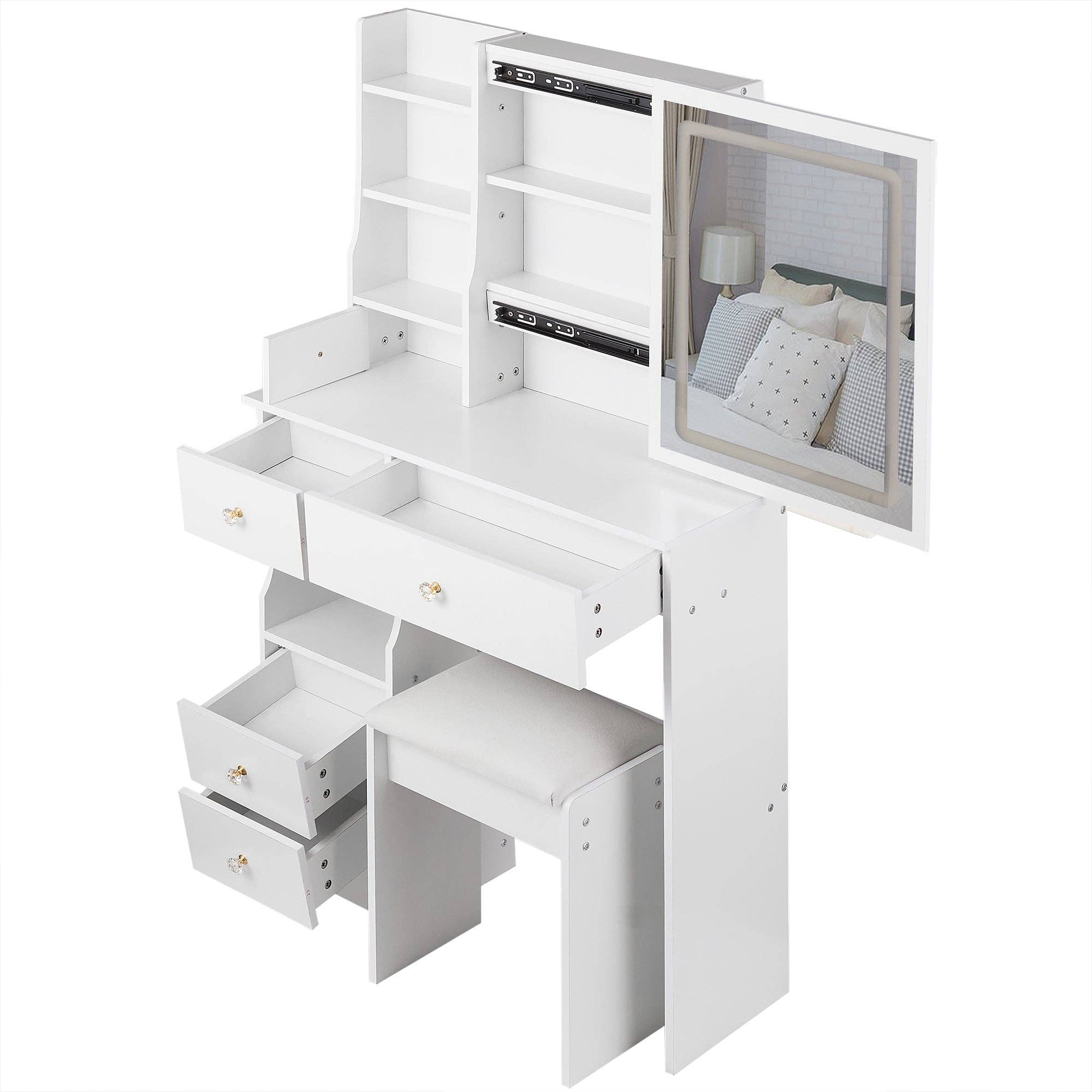 White Small Vanity Dressing Table with Padded Stool & Mirror Light for wholesale on Faire15