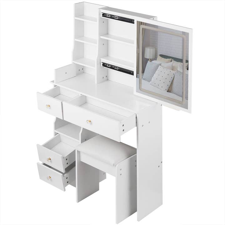 White Small Vanity Dressing Table with Padded Stool & Mirror Light for wholesale on Faire15