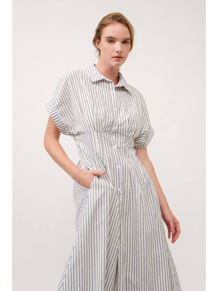 AIBLEE - Vendita all'ingrosso Vestito - Donna - Abito Midi a Righe con Colletto e Bottoni - TAPUE3