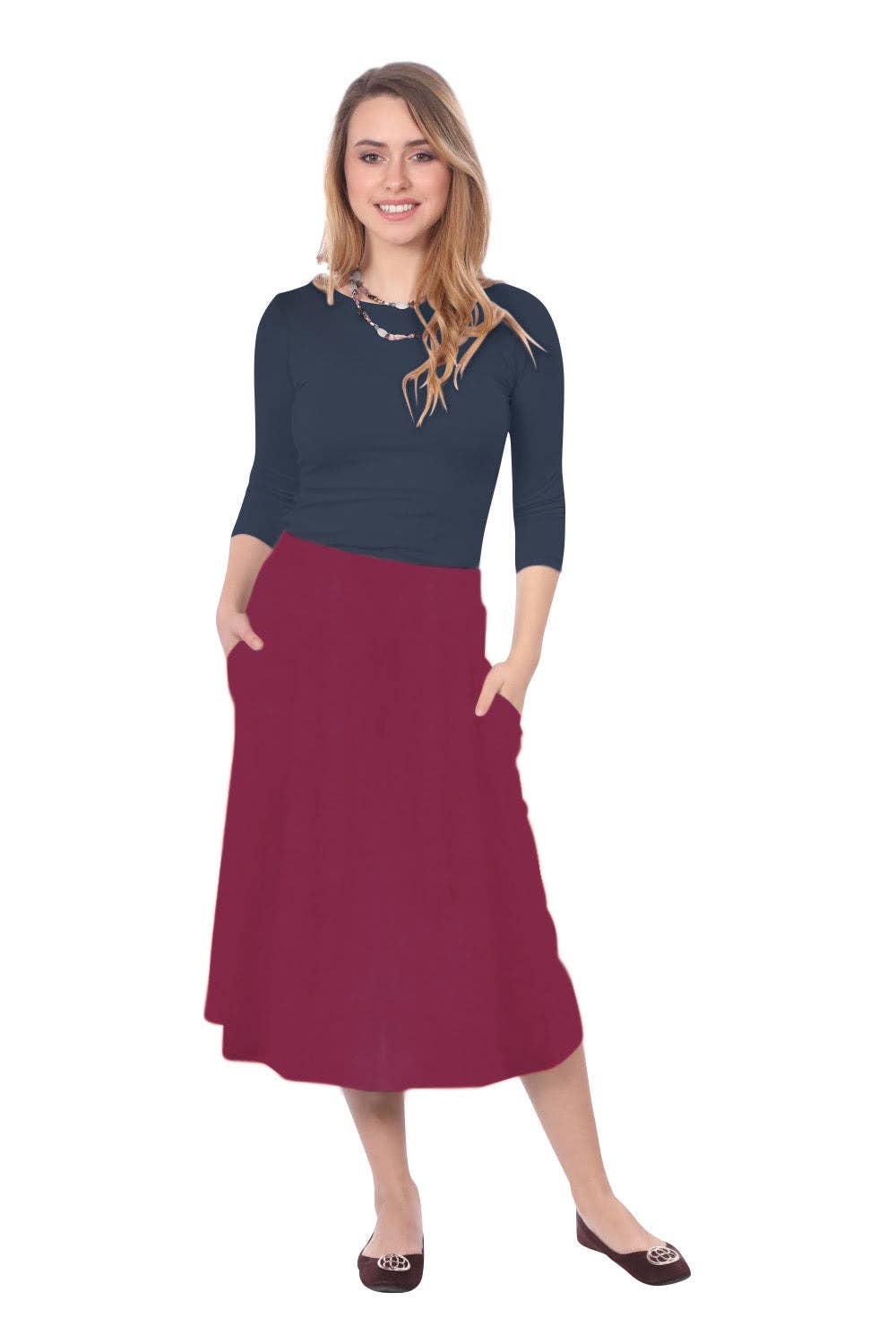 Kosher Casual - Wholesale Skirt - Women's - The Perfect A-Line Midi Skirt with Pockets4