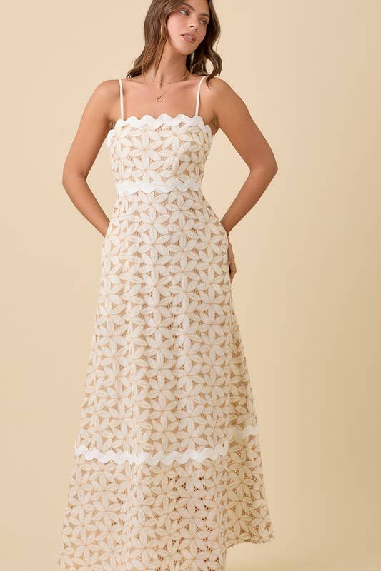 TAUPE Floral Eyelet Maxi Dress With Contrasting Ric Rac for wholesale on Faire9