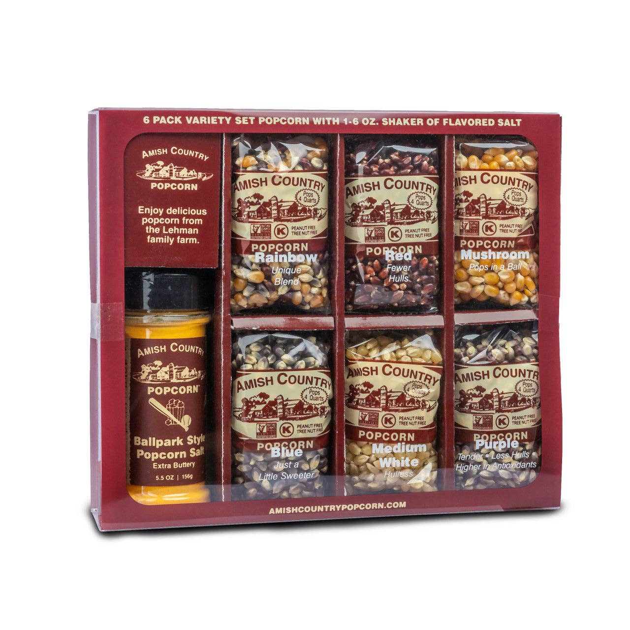 Amish Country Popcorn - Wholesale Popcorn - 6/4oz Popcorn Variety Gift Box with 5.5oz Buttersalt