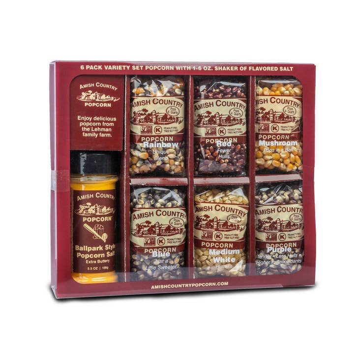 Amish Country Popcorn - Vente Pop-corn - Coffret cadeau de variétés de pop-corn 6/4oz avec 5,5oz de beurre salé