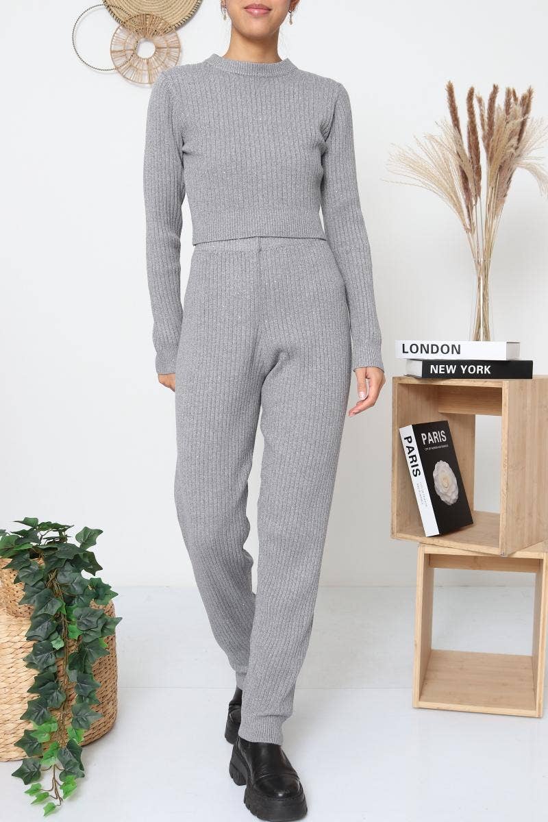 DIX-ONZE - Vente Ensemble haut et pantalon (PAS d'intérieur) - Femme - Ensemble Maille Côtelée – Top Longue Manche & Pantalon8