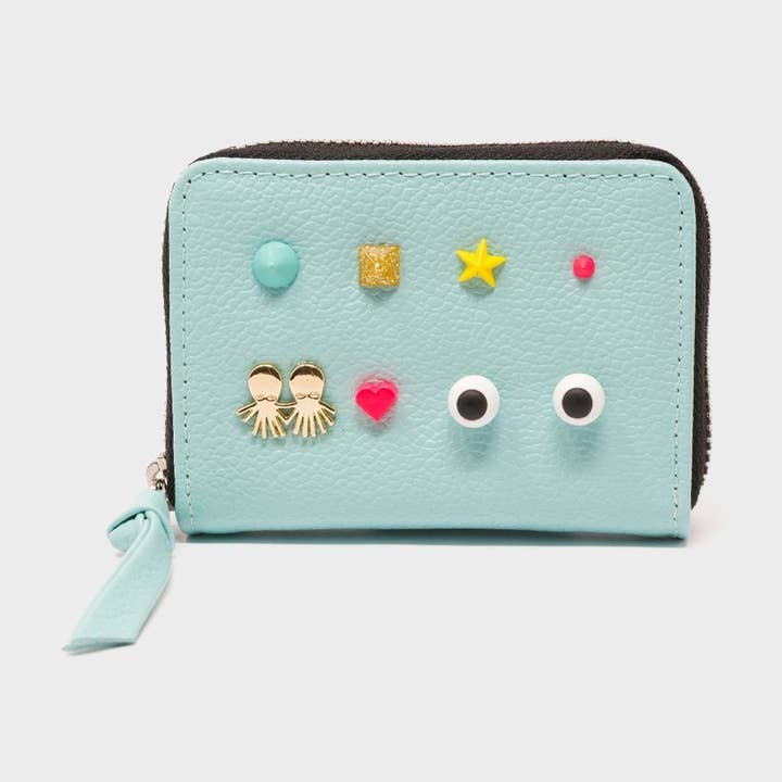 Min & Mon – Großhandel Brieftasche – Damen – Frodo Eierschalenblaues Leder-Reißverschluss-Portemonnaie - Nietenmuster0