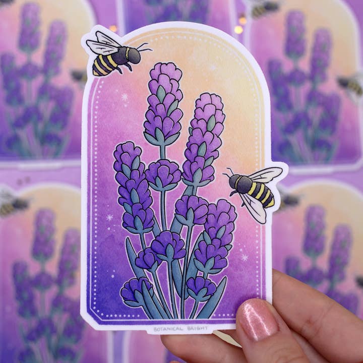 Bee and Lavender Painting Waterproof Vinyl Sticker for wholesale by Botanical Bright