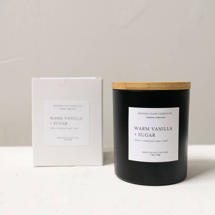 Modern Glow Candle Co. - Wholesale Jar/Filled Candle - Warm Vanilla + Sugar - 7oz Matte Black Soy Candle2