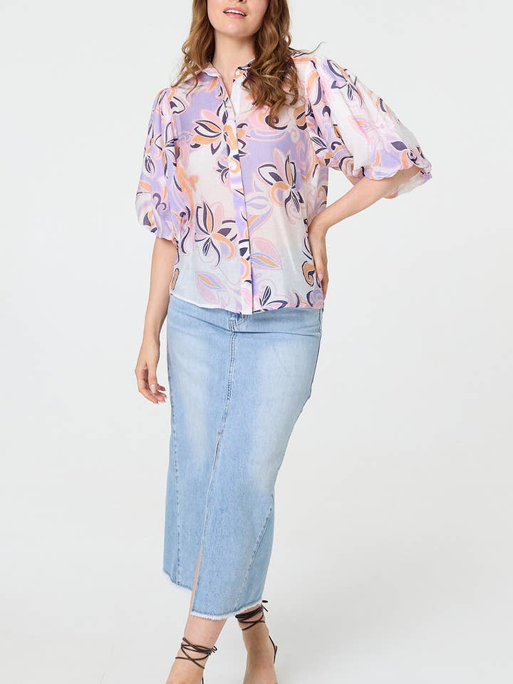 Blommig avslappnad skjorta med 1/2 puffärm för wholesale av Stellalondon