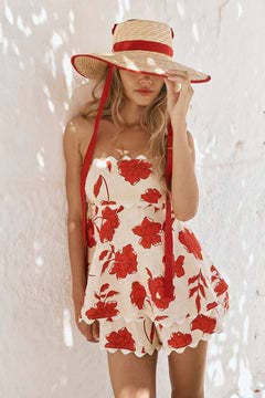 Red rose floral strapless babydoll peplum top & short set for wholesale on Faire1