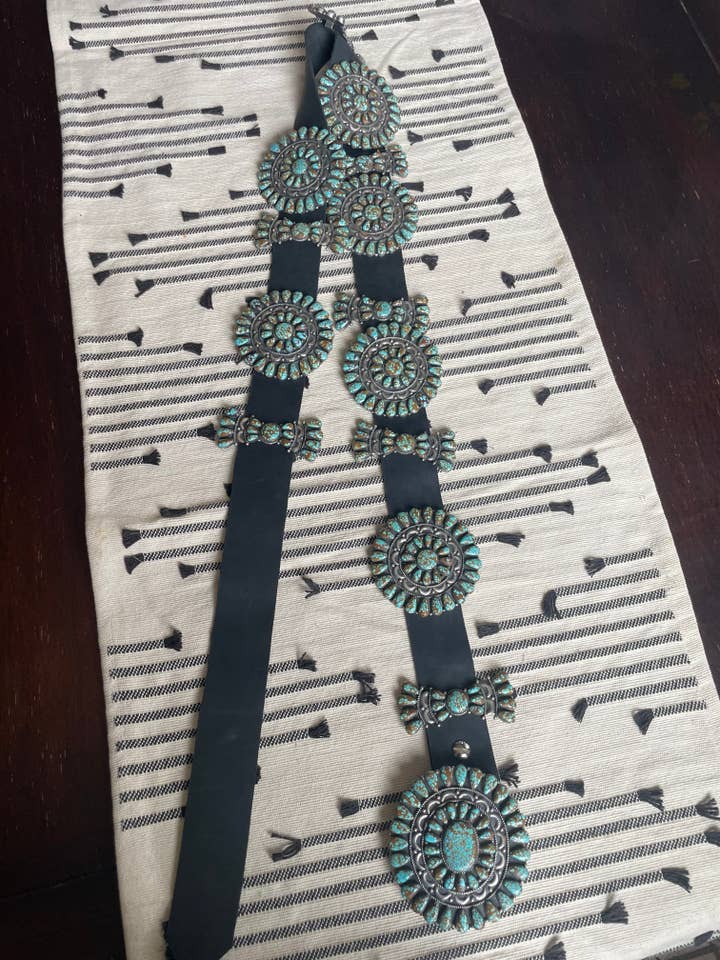 Old Pawn Beautiful Number 8 Turquoise Concho Belt for wholesale by Nizhonitradersllc
