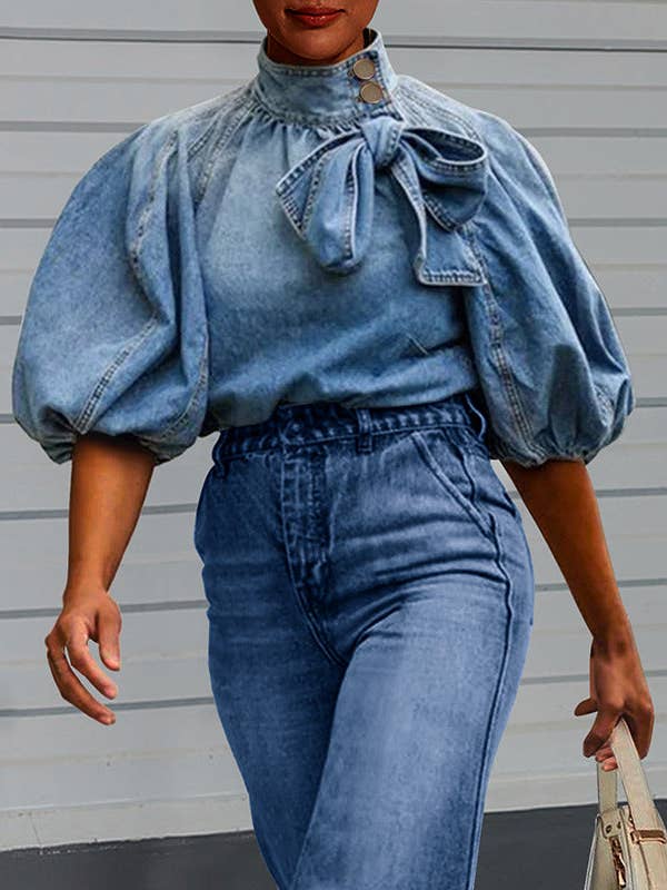 Gradient Color Puff Sleeve Denim Top for wholesale by AZSHOP Trading LLC