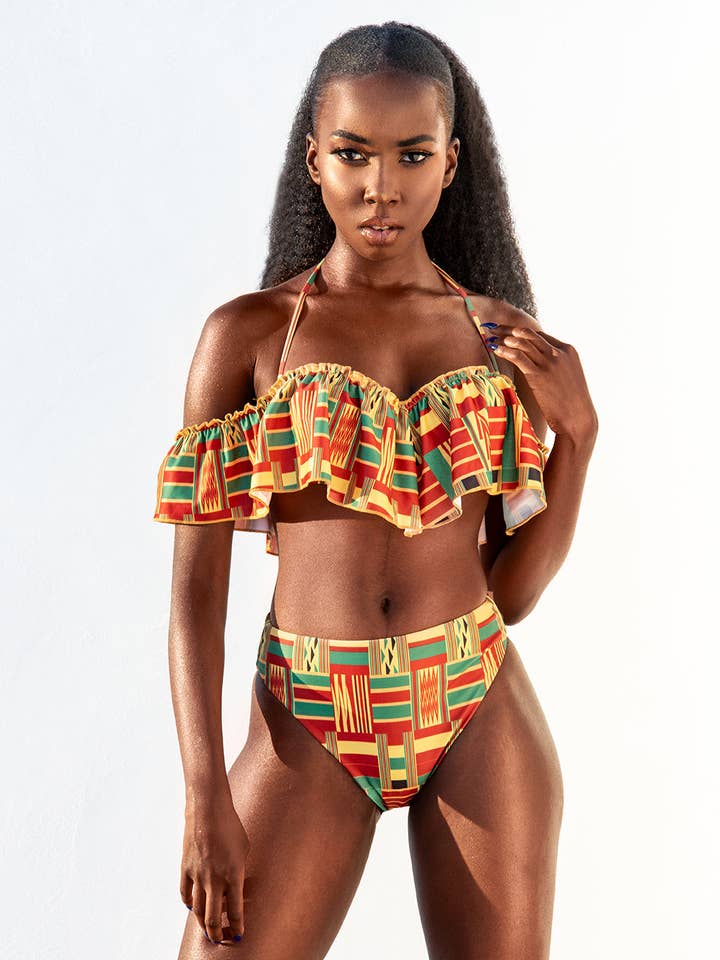 ADWOA (SET COMPLETO) BIKINI A VITA ALTA STAMPA AFRICANA JAMES TOWN per la vendita all'ingrosso da parte di Ashanti Swimwear
